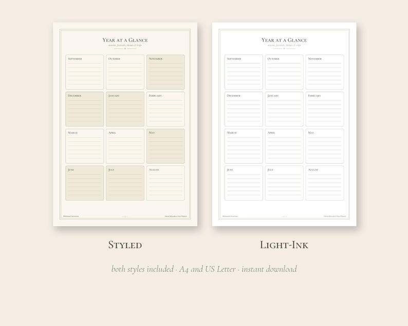 May include: Two Year at a Glance calendar templates. The left version features beige shaded boxes for each month, while the right version uses a clean white background with thin lines. Both include the text Year at a Glance.