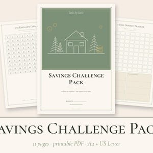 Puede incluir: Un conjunto de archivos PDF imprimibles Savings Challenge Pack con una portada verde salvia que muestra un gr&aacute;fico de l&iacute;neas blancas de una casa y pinos. El texto dice Savings Challenge Pack, 100 Envelope Challenge y Home Deposit Tracker.