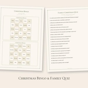 Może przedstawiać: Dwie wydrukowane kartki z bingo świątecznym i rodzinnym quizem bożonarodzeniowym. Arkusze bingo zawierają siatki ze świątecznymi słowami, takimi jak Sleigh, Present i Snowman. Quiz zawiera dwadzieścia numerowanych pytań o tradycje.