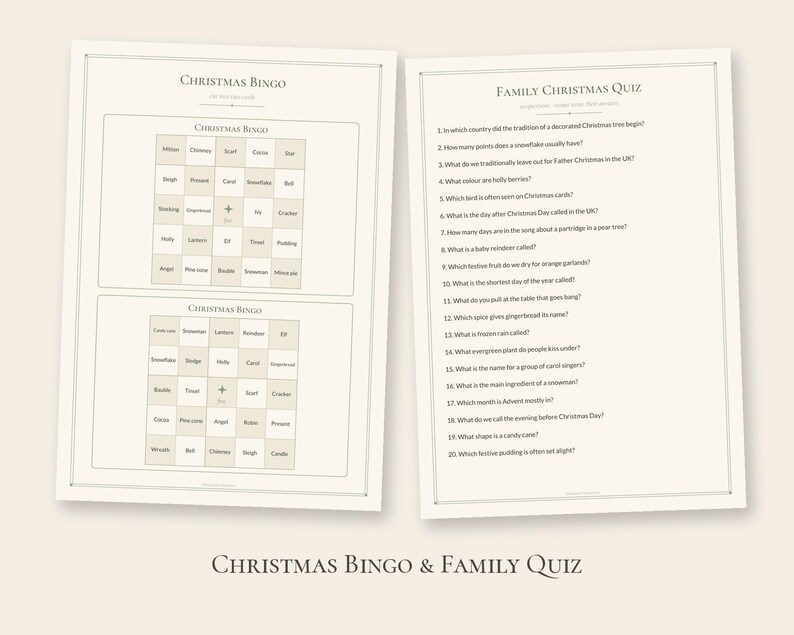 Może przedstawiać: Dwie wydrukowane kartki z bingo świątecznym i rodzinnym quizem bożonarodzeniowym. Arkusze bingo zawierają siatki ze świątecznymi słowami, takimi jak Sleigh, Present i Snowman. Quiz zawiera dwadzieścia numerowanych pytań o tradycje.