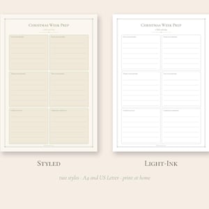 Peut inclure: Deux feuilles de planification imprimables Christmas Week Prep avec six sections lign&eacute;es chacune. Une feuille pr&eacute;sente un fond beige, tandis que l'autre a un fond blanc avec des lignes gris clair. Les deux feuilles incluent le texte Christmas Week Prep.