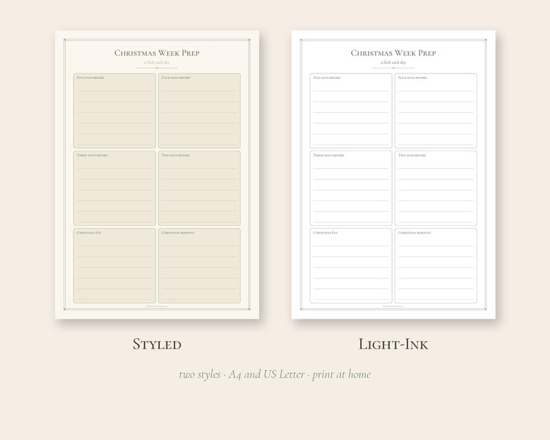 Peut inclure: Deux feuilles de planification imprimables Christmas Week Prep avec six sections lign&eacute;es chacune. Une feuille pr&eacute;sente un fond beige, tandis que l'autre a un fond blanc avec des lignes gris clair. Les deux feuilles incluent le texte Christmas Week Prep.