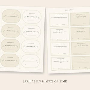 May include: Two sheets of paper featuring printable labels. The left sheet contains eight oval-shaped jar labels with text like Christmas Biscuits and Hot Chocolate. The right sheet features eight rectangular gift tags titled Gifts of Time.