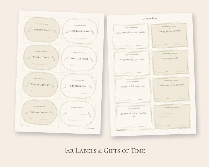 May include: Two sheets of paper featuring printable labels. The left sheet contains eight oval-shaped jar labels with text like Christmas Biscuits and Hot Chocolate. The right sheet features eight rectangular gift tags titled Gifts of Time.