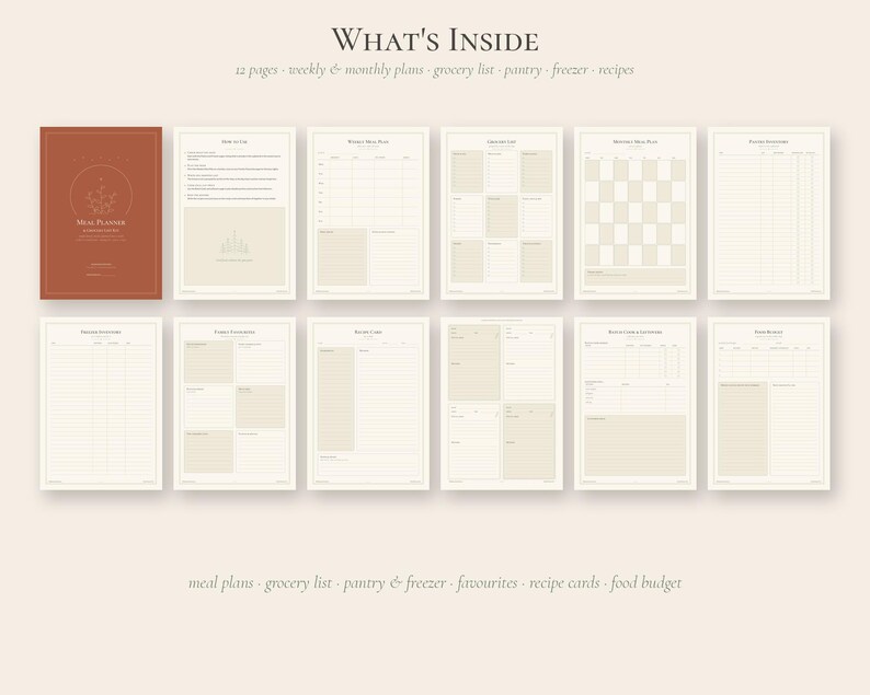 Pu&ograve; includere: Un set di pianificatori di pasti digitali con una copertina color terracotta e undici pagine color crema con griglie e linee. Il testo recita WHAT'S INSIDE, 12 pages, weekly & monthly plans, grocery list, pantry, freezer, recipes, meal plans.