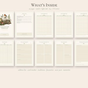 Pode incluir: Um conjunto de dez p&aacute;ginas de planeamento de cart&otilde;es de Natal com tinta clara em papel creme. Inclui p&aacute;ginas para endere&ccedil;os, rastreio, tradi&ccedil;&otilde;es, favoritos, ideias e mem&oacute;rias. Texto: What's Inside, 10 pages, styled, light-ink, A4, US Letter.