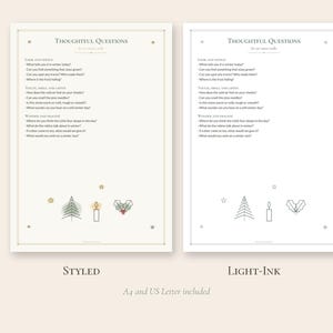 Puede incluir: Dos hojas imprimibles tituladas Thoughtful Questions for our winter walks. Cada hoja presenta secciones tituladas Look and Notice, Touch, Smell and Listen y Wonder and Imagine, con listas de preguntas. La hoja izquierda tiene iconos de colores de un &aacute;rbol, una vela y acebo, mientras que la derecha muestra los mismos iconos en contornos negros.
