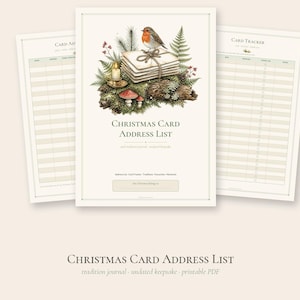 Pode incluir: Um di&aacute;rio imprim&iacute;vel Christmas Card Address List com uma pilha de envelopes, um pisco-de-peito-ruivo, uma vela e cogumelos. A capa exibe o texto Christmas Card Address List e as p&aacute;ginas internas incluem colunas para rastrear os cart&otilde;es.