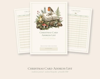 May include: A printable Christmas Card Address List journal featuring a stack of envelopes, a robin, a candle, and mushrooms. The cover displays the text Christmas Card Address List, and the interior pages include columns for tracking cards sent and received.