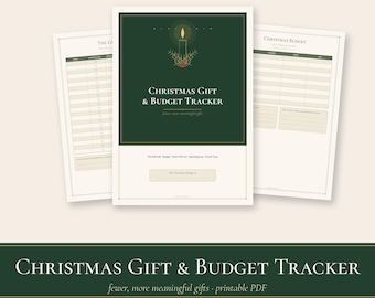 May include: A printable Christmas Gift & Budget Tracker planner set with a dark green cover featuring a candle illustration. The pages include columns for tracking gifts, budgets, and spending logs with text labels in English.