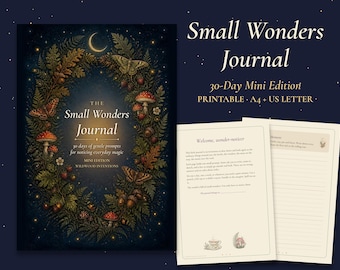 Printbaar 30-dagen dagboek 'Small Wonders', mindfulness-oefeningen voor moeders, 'Cottagecore Slow Living Self Care Challenge', A4 US Letter-formaat