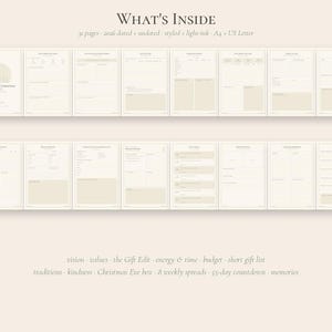 K&ouml;nnte beinhalten: Ein digitales Planer-Set mit dem Titel What's Inside, bestehend aus 31 Seiten mit datierten 2026- und undatierten Vorlagen. Die Seiten mit heller Tinte sind f&uuml;r A4 und US Letter formatiert und umfassen Vision, Werte, Geschenke, Budget und Erinnerungen.