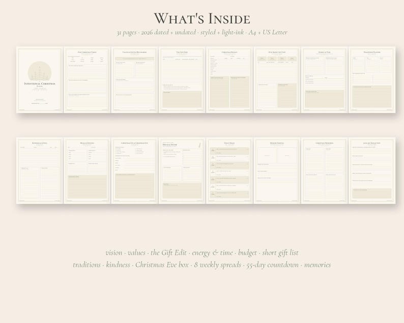 K&ouml;nnte beinhalten: Ein digitales Planer-Set mit dem Titel What's Inside, bestehend aus 31 Seiten mit datierten 2026- und undatierten Vorlagen. Die Seiten mit heller Tinte sind f&uuml;r A4 und US Letter formatiert und umfassen Vision, Werte, Geschenke, Budget und Erinnerungen.