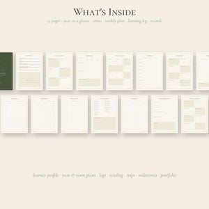 May include: A collection of 15 planner pages featuring a dark green cover and cream-colored sheets. The text reads WHAT'S INSIDE, 15 pages, year at a glance, terms, weekly plan, learning log, records, learner profile, year & term plans, logs, reading, trips, milestones, portfolio.