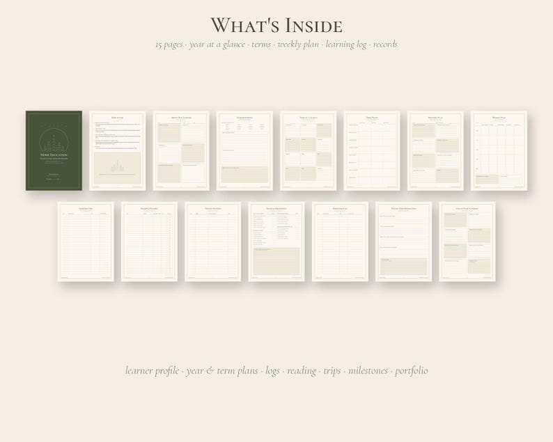 May include: A collection of 15 planner pages featuring a dark green cover and cream-colored sheets. The text reads WHAT'S INSIDE, 15 pages, year at a glance, terms, weekly plan, learning log, records, learner profile, year & term plans, logs, reading, trips, milestones, portfolio.