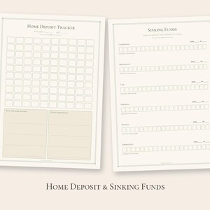 Puede incluir: Dos hojas de planificaci&oacute;n financiera en color blanco roto. La hoja izquierda es un rastreador de dep&oacute;sito para el hogar con una cuadr&iacute;cula de cuadrados y dos cuadros de texto. La derecha es un rastreador de fondos de reserva con filas.