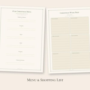 Peut inclure: Deux feuilles de papier blanc cass&eacute; avec du texte sombre. La feuille de gauche est intitul&eacute;e Our Christmas Menu avec des sections pour Nibbles & Drinks, Starter, Main, Sides, Pudding et Cheese & Evening. La droite est Christmas Week Prep.
