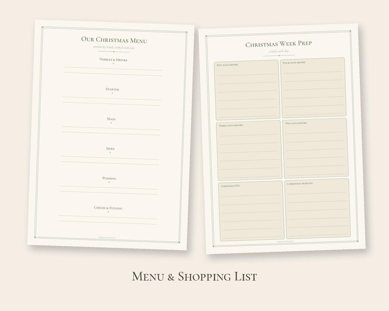 Peut inclure: Deux feuilles de papier blanc cass&eacute; avec du texte sombre. La feuille de gauche est intitul&eacute;e Our Christmas Menu avec des sections pour Nibbles & Drinks, Starter, Main, Sides, Pudding et Cheese & Evening. La droite est Christmas Week Prep.