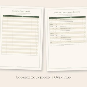 Peut inclure: Deux feuilles imprimables blanches intitul&eacute;es Cooking Countdown et Cooking Countdown: Example. Chaque feuille pr&eacute;sente un en-t&ecirc;te vert fonc&eacute;, un tableau avec des colonnes pour le temps, la t&acirc;che et une case &agrave; cocher.