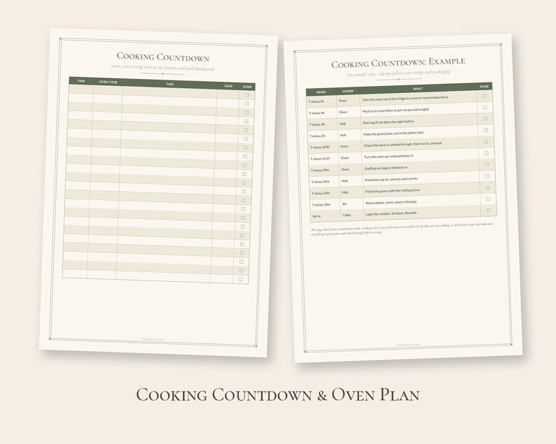 Peut inclure: Deux feuilles imprimables blanches intitul&eacute;es Cooking Countdown et Cooking Countdown: Example. Chaque feuille pr&eacute;sente un en-t&ecirc;te vert fonc&eacute;, un tableau avec des colonnes pour le temps, la t&acirc;che et une case &agrave; cocher.