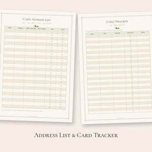 Pode incluir: Duas folhas imprim&iacute;veis intituladas Card Address List e Card Tracker. A lista de endere&ccedil;os inclui colunas para nome, endere&ccedil;o, e-mail, telefone, enviado e recebido. O rastreador inclui nome, enviado, recebido, agradecimento e notas.