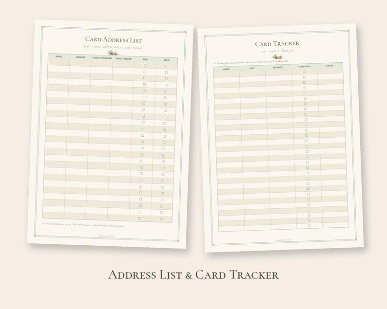 Pode incluir: Duas folhas imprim&iacute;veis intituladas Card Address List e Card Tracker. A lista de endere&ccedil;os inclui colunas para nome, endere&ccedil;o, e-mail, telefone, enviado e recebido. O rastreador inclui nome, enviado, recebido, agradecimento e notas.