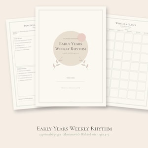 Puede incluir: Un conjunto de tres p&aacute;ginas imprimibles tituladas Early Years Weekly Rhythm. La p&aacute;gina central presenta un c&iacute;rculo beige, un peque&ntilde;o punto rosa y hojas dibujadas. La p&aacute;gina izquierda enumera tareas y la derecha una cuadr&iacute;cula semanal.