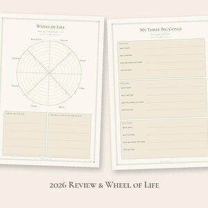 May include: Two off-white planner pages titled Wheel of Life and My Three Big Goals. The first page features a circular chart with eight segments and two text boxes. The second page contains three rectangular sections for goal setting.