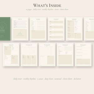 May include: A set of 11 printable planner pages featuring a green cover and beige interior sheets. The text reads WHAT'S INSIDE, 11 pages - daily reset - weekly rhythm - zones - chore chart, and daily reset - weekly rhythm - 5 zones - deep clean - seasonal - chore chart - declutter.