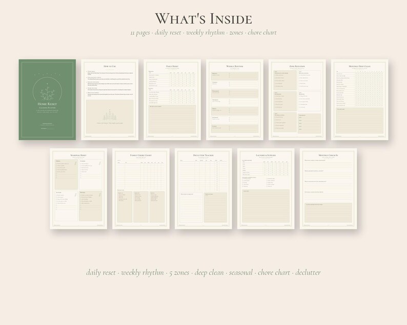 May include: A set of 11 printable planner pages featuring a green cover and beige interior sheets. The text reads WHAT'S INSIDE, 11 pages - daily reset - weekly rhythm - zones - chore chart, and daily reset - weekly rhythm - 5 zones - deep clean - seasonal - chore chart - declutter.