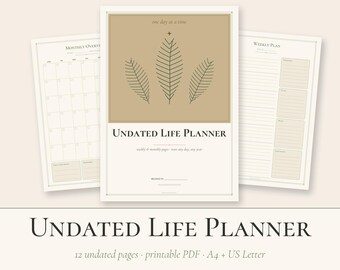 Printbare planner zonder datum, week- en maandplanner, dagpagina, takenlijst en maaltijdplanner, minimalistische A4 US Letter PDF