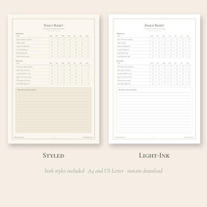 May include: Two printable daily reset planner pages featuring a morning and evening checklist with seven columns for days of the week and a lined section for notes. One version has a beige background and the other has a white background.