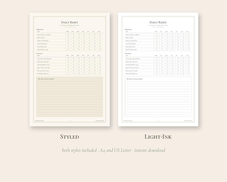 May include: Two printable daily reset planner pages featuring a morning and evening checklist with seven columns for days of the week and a lined section for notes. One version has a beige background and the other has a white background.
