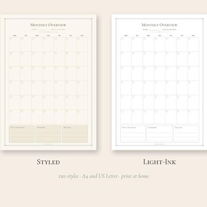 Puede incluir: Dos plantillas de calendario mensual imprimibles etiquetadas como Monthly Overview. Una versi&oacute;n presenta un fondo beige con l&iacute;neas oscuras, mientras que la otra tiene un fondo blanco con l&iacute;neas gris claro. Ambas incluyen secciones para notas.