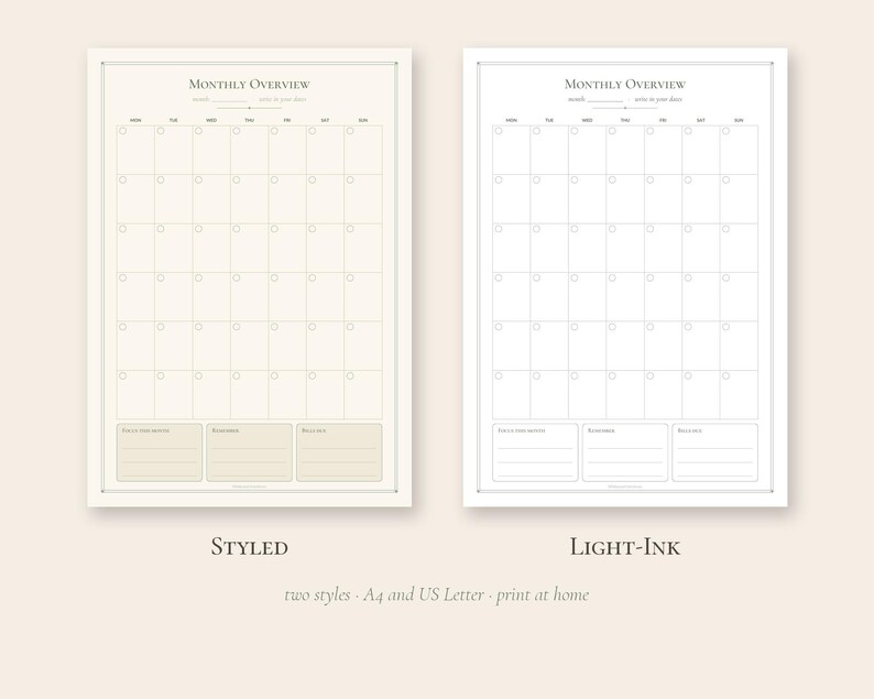 Puede incluir: Dos plantillas de calendario mensual imprimibles etiquetadas como Monthly Overview. Una versi&oacute;n presenta un fondo beige con l&iacute;neas oscuras, mientras que la otra tiene un fondo blanco con l&iacute;neas gris claro. Ambas incluyen secciones para notas.