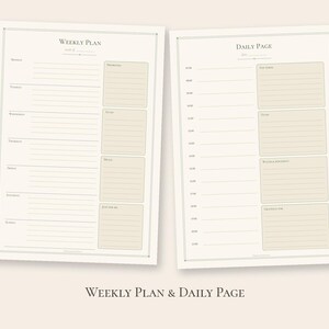 Puede incluir: Dos hojas de planificador imprimibles con un plan semanal y una p&aacute;gina diaria. El plan semanal incluye secciones para cada d&iacute;a de la semana y notas. La p&aacute;gina diaria presenta un horario de 07:00 a 18:00 con casillas para tareas y notas.
