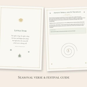 Puede incluir: Dos tarjetas informativas blancas con bordes dorados finos. La tarjeta de la izquierda presenta una estrella dorada, el texto Little Star, un poema y un peque&ntilde;o &aacute;rbol verde. La tarjeta de la derecha se titula Advent Spiral and St Nicholas.