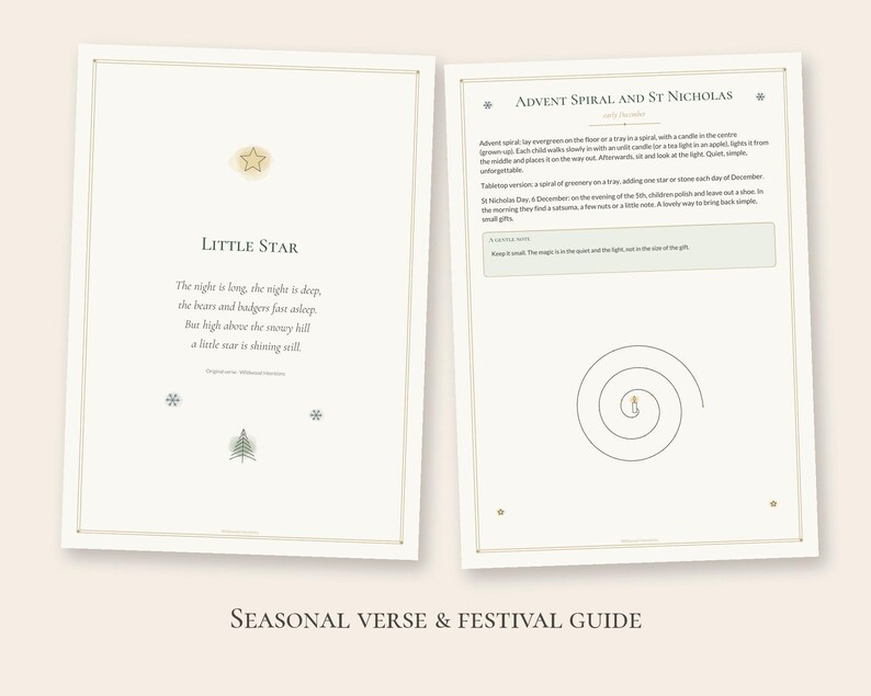 Puede incluir: Dos tarjetas informativas blancas con bordes dorados finos. La tarjeta de la izquierda presenta una estrella dorada, el texto Little Star, un poema y un peque&ntilde;o &aacute;rbol verde. La tarjeta de la derecha se titula Advent Spiral and St Nicholas.