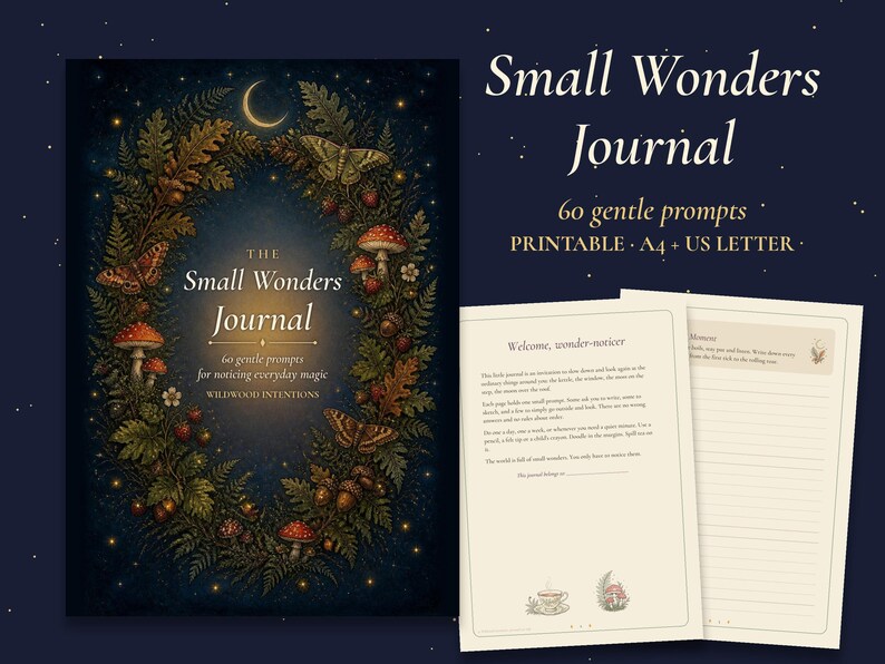 Printbaar dagboek 'Small Wonders', 60 mindfulness-oefeningen voor moeders, 'Cottagecore Slow Living' dankbaarheidsdagboek, A4 & US Letter PDF afbeelding 1