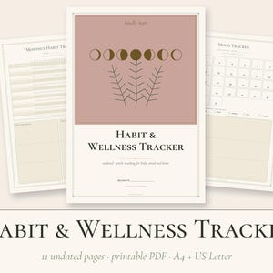 Puede incluir: Un conjunto de p&aacute;ginas imprimibles Habit & Wellness Tracker. La portada tiene un rect&aacute;ngulo rosa polvoriento con fases lunares y un gr&aacute;fico de planta, titulado Habit & Wellness Tracker. Incluye p&aacute;ginas de seguimiento de h&aacute;bitos y estado de &aacute;nimo.