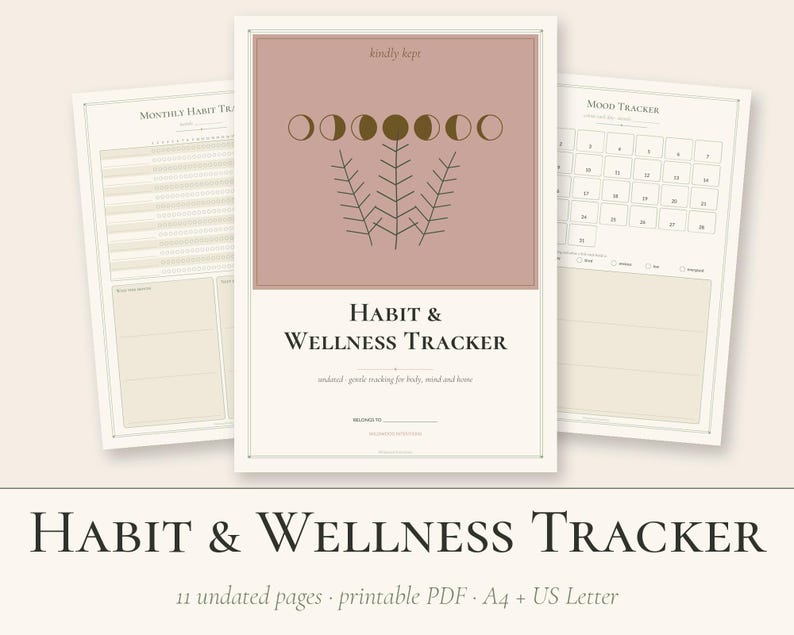 Puede incluir: Un conjunto de p&aacute;ginas imprimibles Habit & Wellness Tracker. La portada tiene un rect&aacute;ngulo rosa polvoriento con fases lunares y un gr&aacute;fico de planta, titulado Habit & Wellness Tracker. Incluye p&aacute;ginas de seguimiento de h&aacute;bitos y estado de &aacute;nimo.
