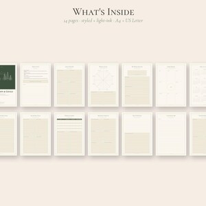 May include: A set of 14 printable planner pages titled WHAT'S INSIDE, featuring a dark green cover page with a forest graphic and 2023 VISION & GOALS text. The pages include various templates for goal setting, calendars, and lists in A4 and US Letter sizes.