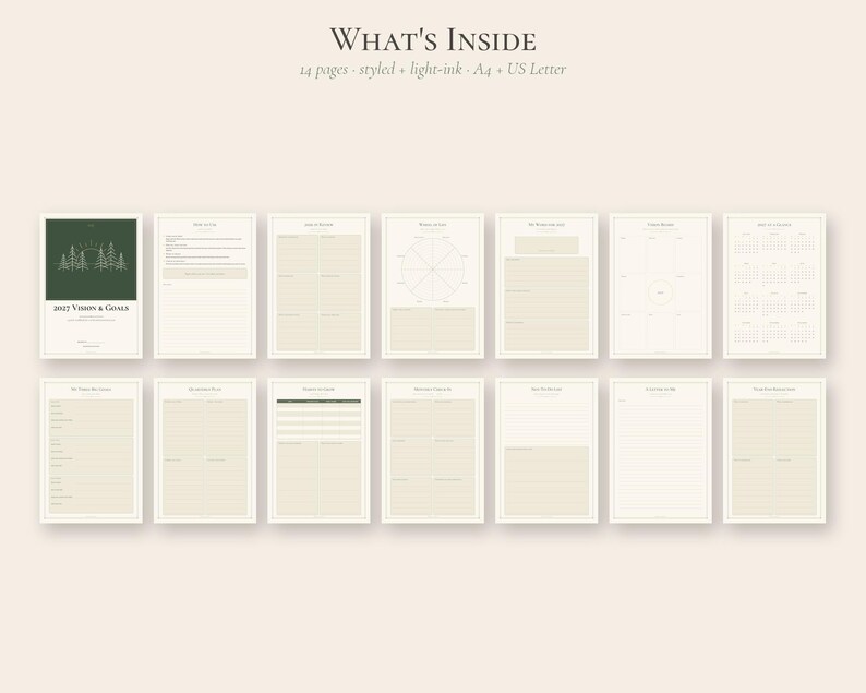 May include: A set of 14 printable planner pages titled WHAT'S INSIDE, featuring a dark green cover page with a forest graphic and 2023 VISION & GOALS text. The pages include various templates for goal setting, calendars, and lists in A4 and US Letter sizes.