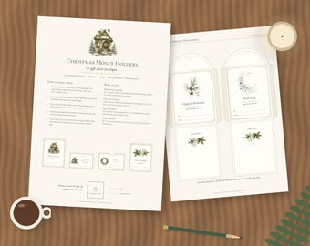 May include: A printable digital template for Christmas money holders and gift card envelopes. The document features instructions, size specifications, and illustrations of holiday-themed envelopes with pine, holly, and cottage motifs.