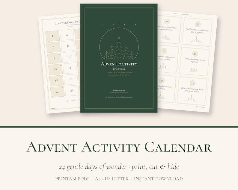 Utskrivbar adventskalender för barn, 24 fina julaktivitetskort, långsam nedräkning för familjen, sifferetiketter, A4 US Letter PDF bild 1