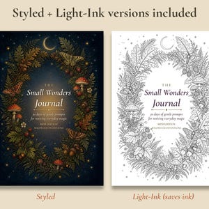 May include: Two versions of The Small Wonders Journal, one with a dark blue background and one with a white background. Both feature a central wreath of ferns, mushrooms, moths, and acorns, with the text: The Small Wonders Journal.