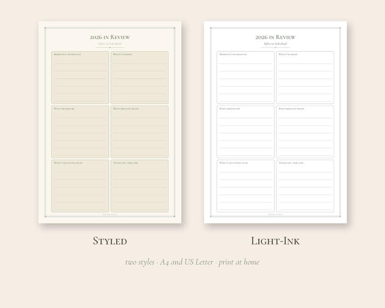 May include: Two printable 2026 in review planner pages with six lined sections for reflection. One page features a beige background, and the other is white with light ink. Both include the text 2026 in review, before we look ahead.