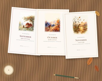 Puede incluir: Tres páginas de calendario tituladas septiembre, octubre y noviembre. Cada página presenta ilustraciones en acuarela de pequeños animales en entornos otoñales, con texto que incluye The Little Hearth Year y temas mensuales.
