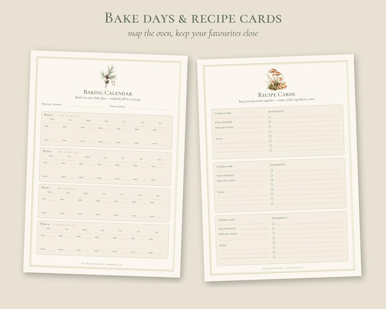 以下が含まれることがあります： BAKE DAYS & RECIPE CARDSと書かれた2枚の印刷シート。左側は4週分のグリッドと松の枝のイラストがあるBAKING CALENDAR。右側は3つのセクションとキノコのイラストがあるRECIPE CARDS。