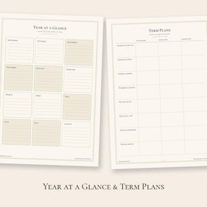 May include: Two printable planner pages with a cream background and dark text. The left page is titled Year at a Glance with monthly lined sections. The right page is titled Term Plans with a grid layout for subjects and weekly goals.